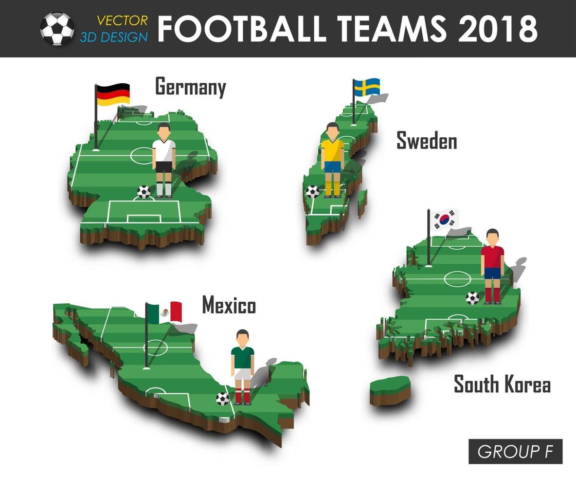 equipos nacionales de fútbol 2018 grupo f jugador de fútbol y bandera en el mapa del país de diseño 3d vector de fondo aislado para el concepto del torneo del campeonato mundial internacional 2018