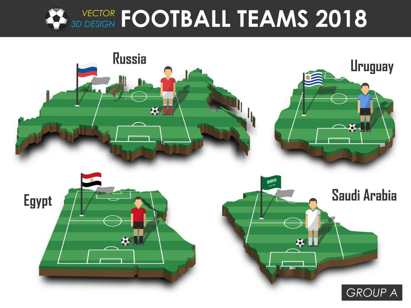 equipos nacionales de fútbol 2018 agrupan a un jugador de fútbol y una bandera en el mapa del país de diseño 3d vector de fondo aislado para el concepto del torneo del campeonato mundial internacional 2018