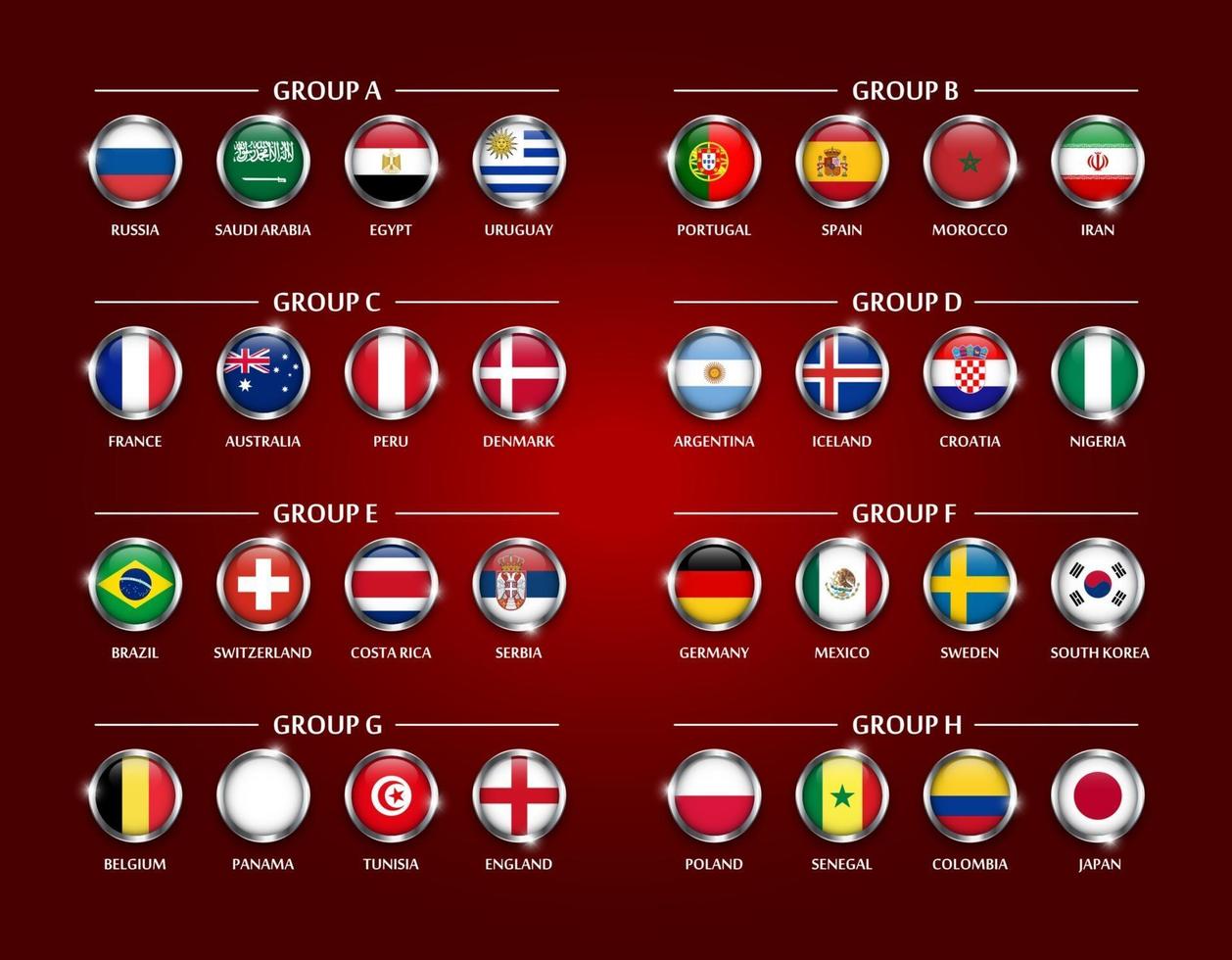 equipo de fútbol o copa de fútbol 2018 conjunto de grupo de círculo cubierto de vidrio diseño de la bandera nacional con borde de metal y vector de brillo para el torneo del campeonato mundial internacional