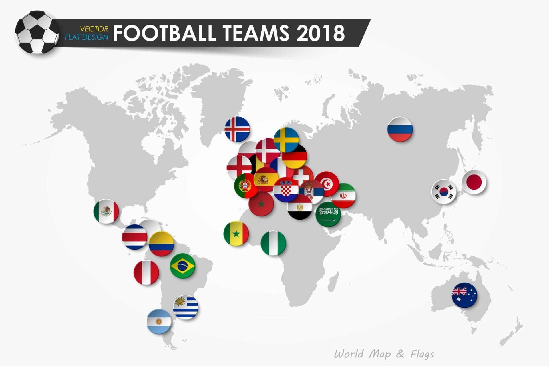 Soccer cup 2018 Country flags of football teams on world map background