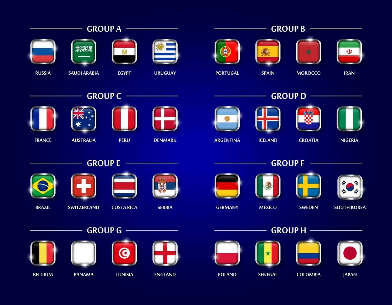 equipo de fútbol o copa de fútbol 2018 conjunto de grupo de diseño cuadrado cubierto de vidrio de la bandera nacional con borde de metal y brillo sobre fondo de color azul vector para el torneo del campeonato mundial internacional