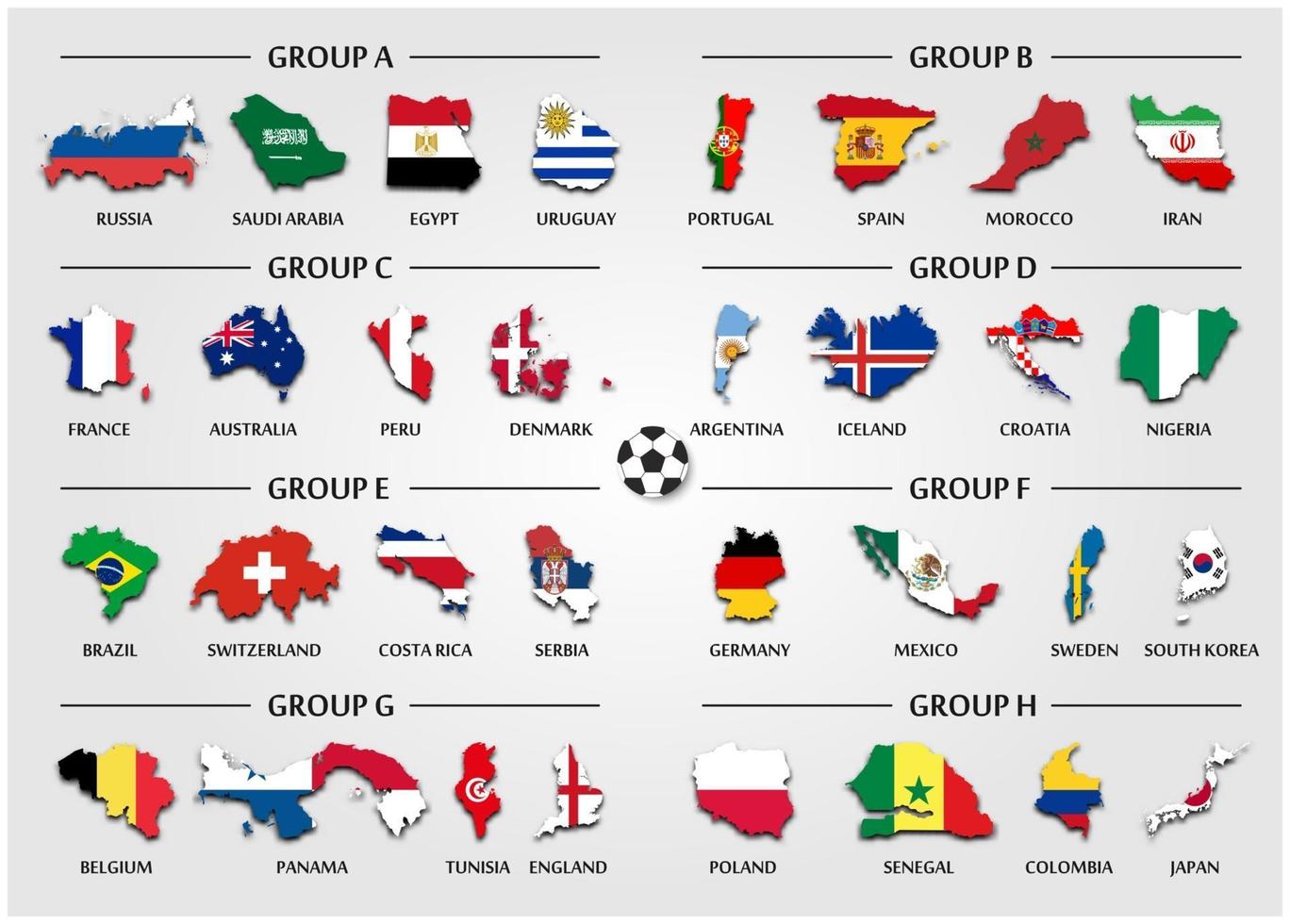 El grupo de equipo de fútbol o copa de fútbol establece el mapa del país con el vector de la bandera nacional para el torneo del campeonato mundial internacional 2018