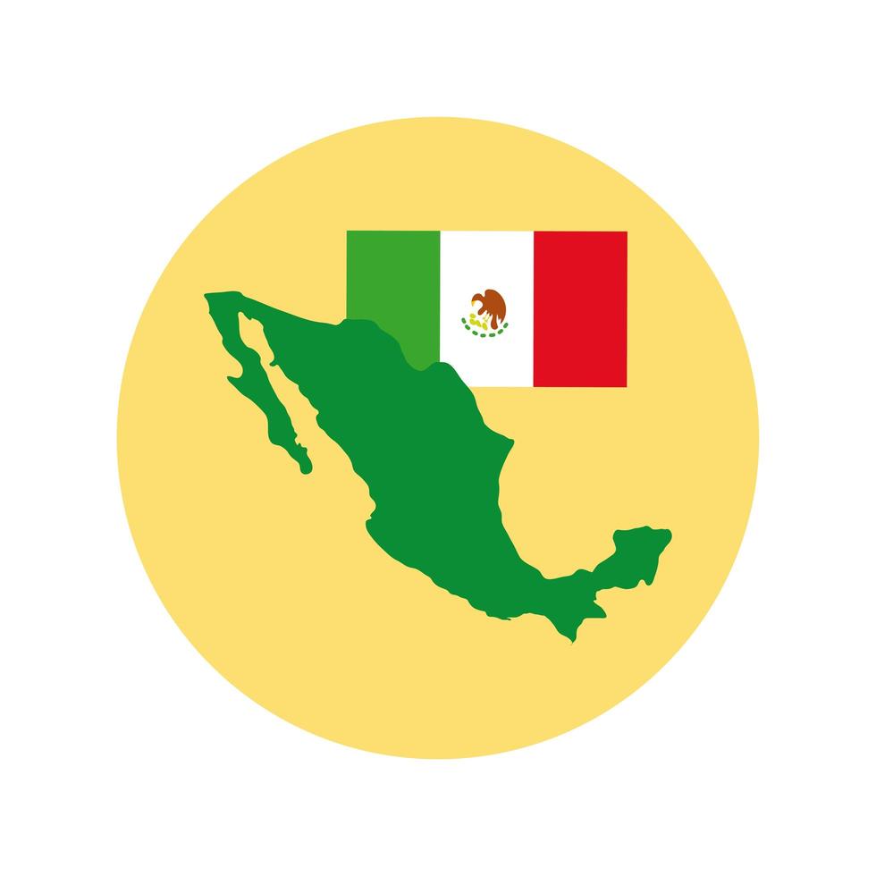 bandera mexicana y bloque de mapa e icono de estilo plano vector