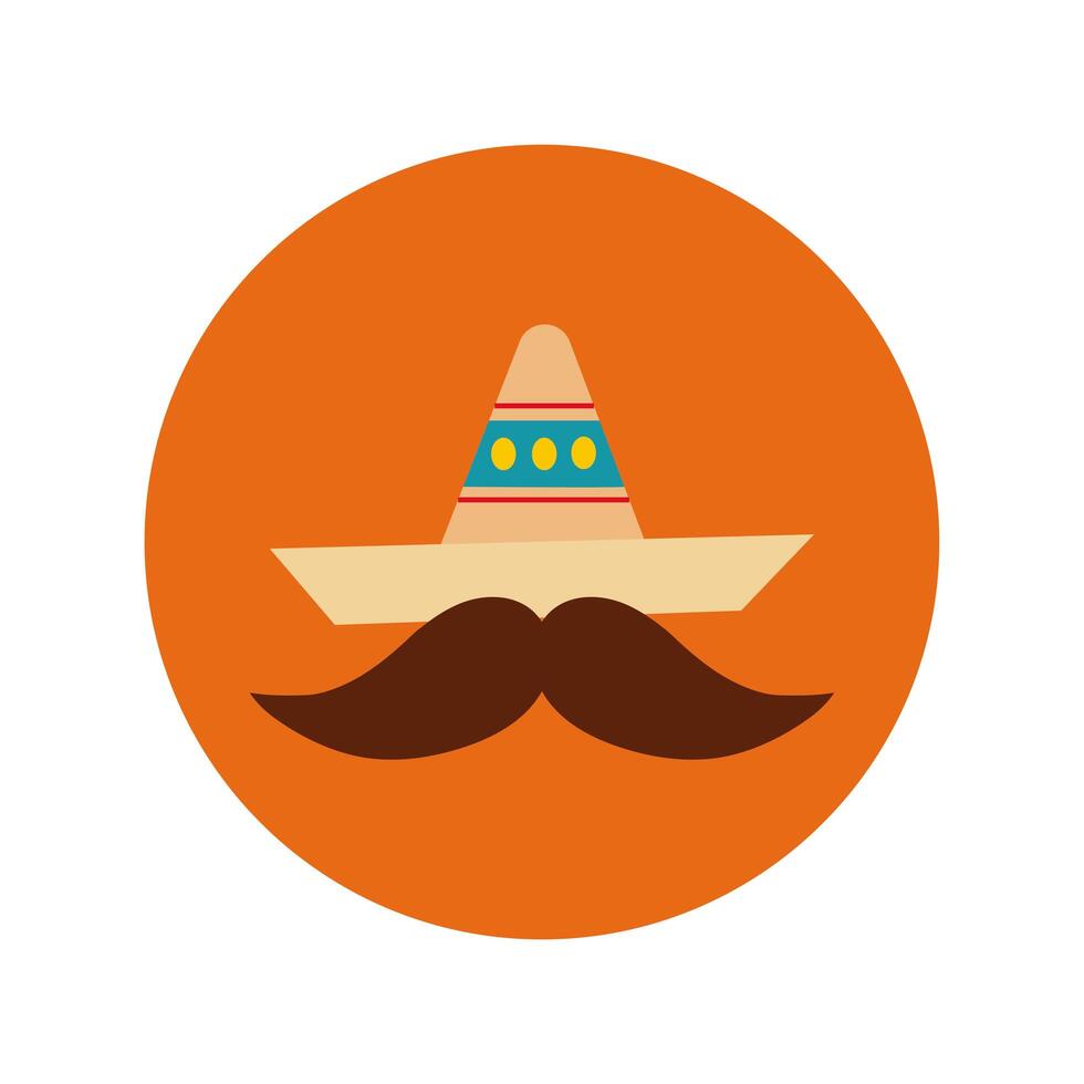 sombrero de la cultura mexicana y bloque de bigote e icono de estilo plano vector