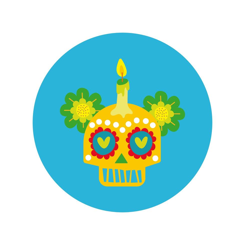 Máscara de calavera mexicana con bloque de cultura de velas e ícono de estilo plano vector