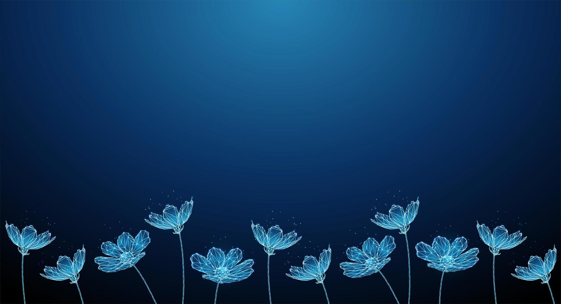 Low poly banner with blue growing flowers vector
