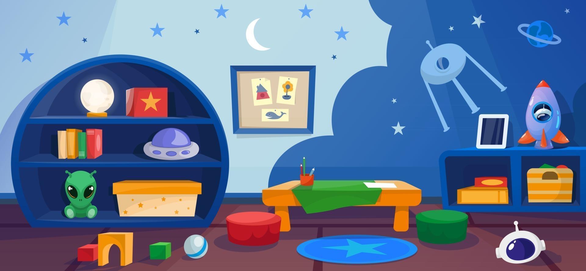 Kindergarten interior playroom with games in cosmos style vector