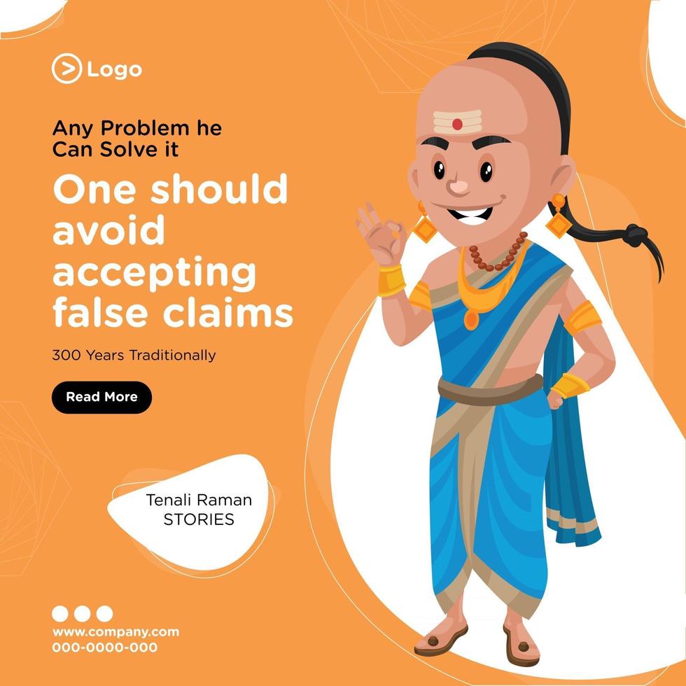 Banner design of any problem he can solve it tenali raman cartoon style template vector