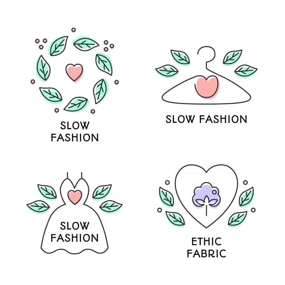 conjunto de insignias de concepto de moda lenta estilo de línea de color lindo dibujado a mano vector