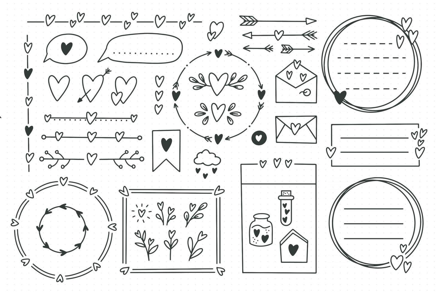 Cute bullet journal element doodles with hearts love theme Hand drawn vector