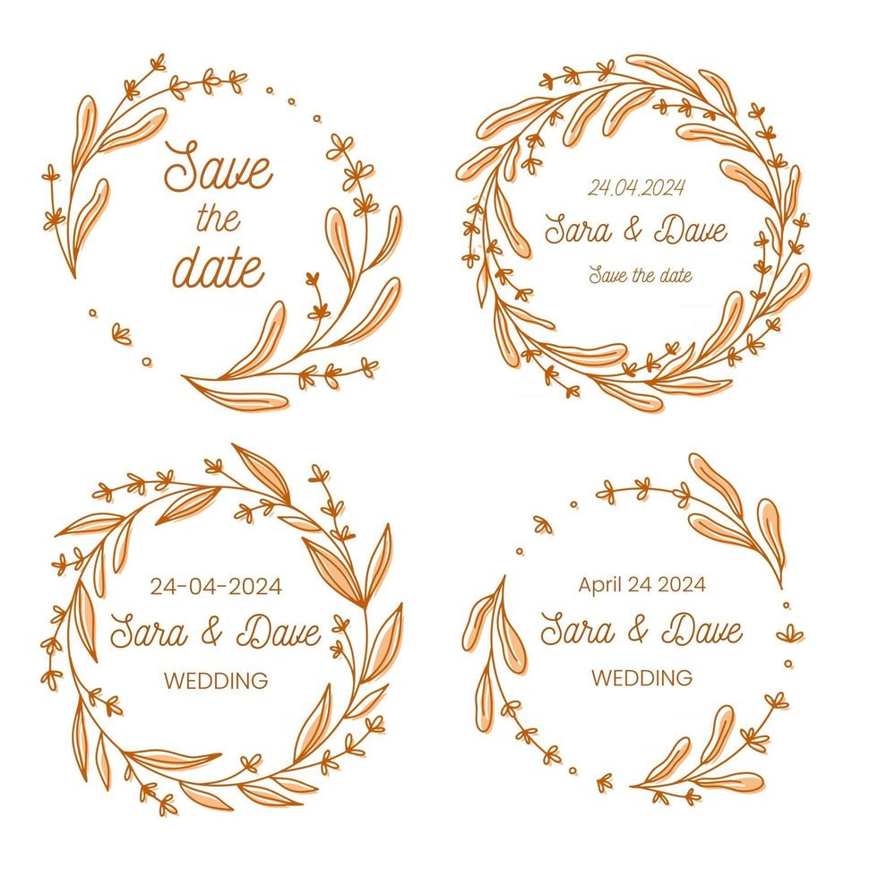 Save the date wedding monogram flower wreath collection hand drawn vector illustration