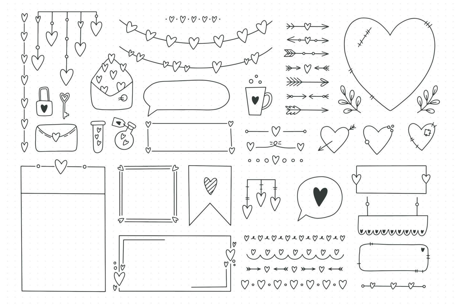 Cute bullet journal element doodles with hearts love theme vector