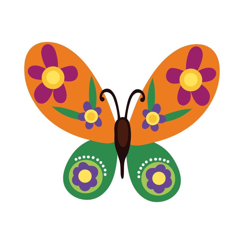 hermoso insecto mariposa naranja con flores estilo plano vector