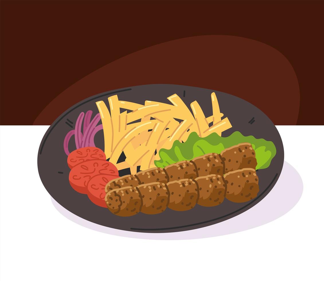 kebab with fries plate vector