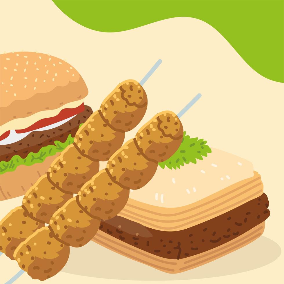 kebab sticks hamburger and baklava vector