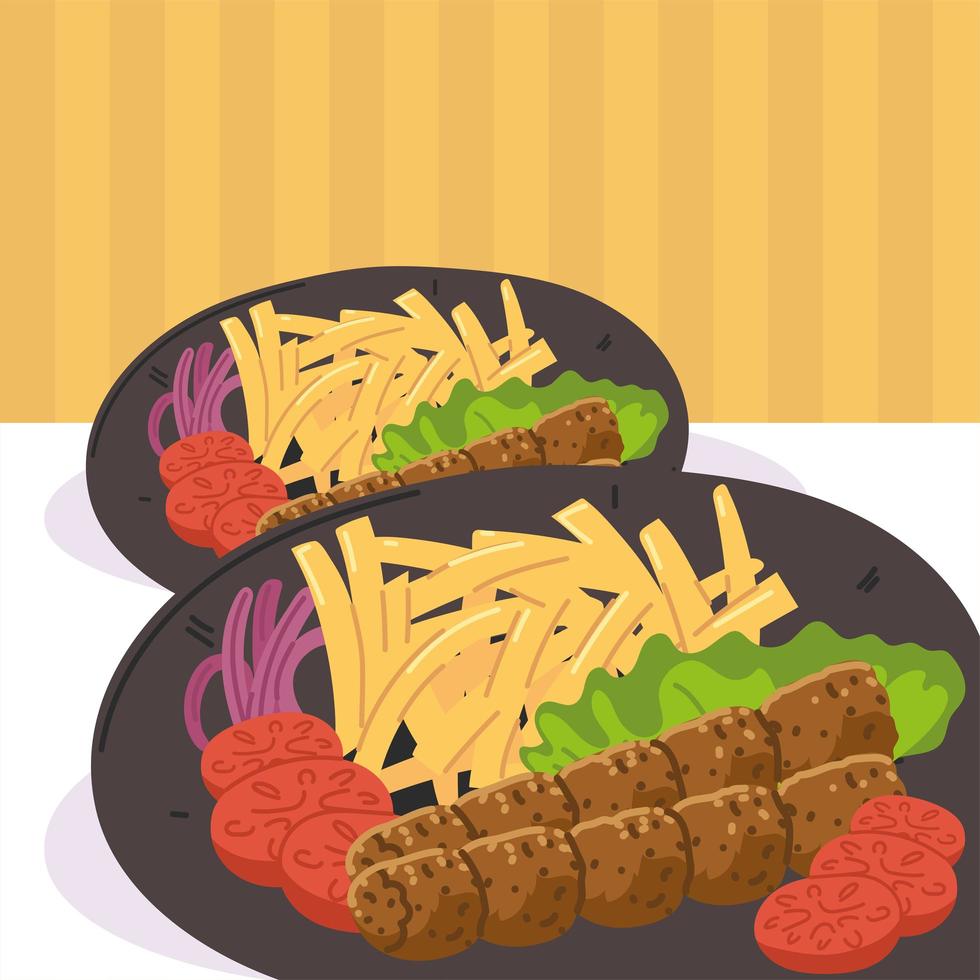 kebab with fries plates vector