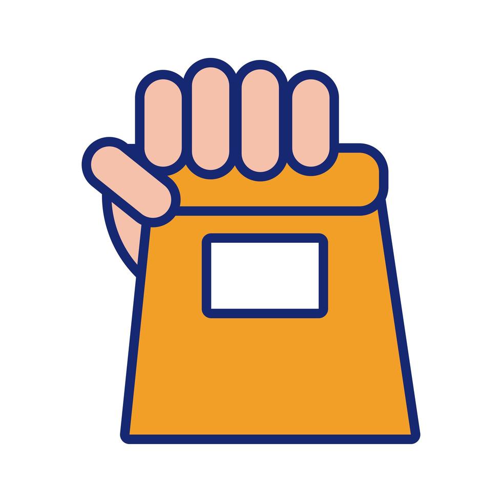 hand with shopping bag line and fill style icon vector