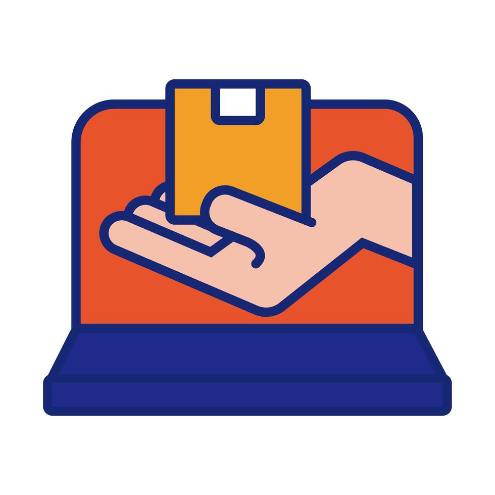 hand lifting box in laptop line and fill style vector