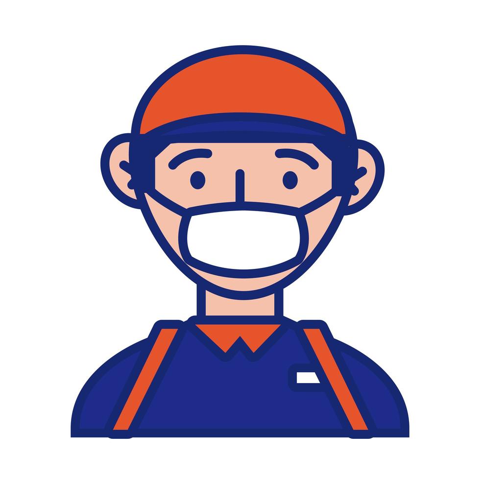 postman worker with face mask protection line and fill style vector