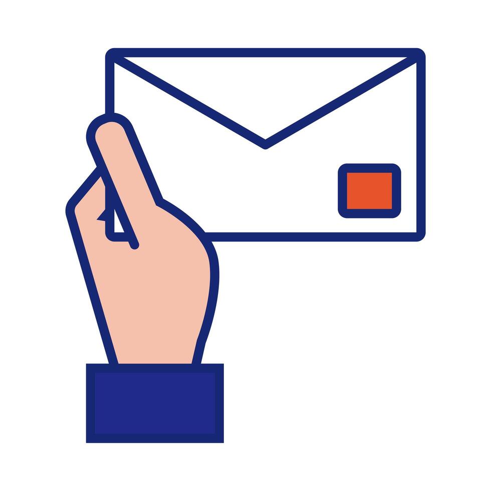 mano con línea de correo de sobre e icono de estilo de relleno vector