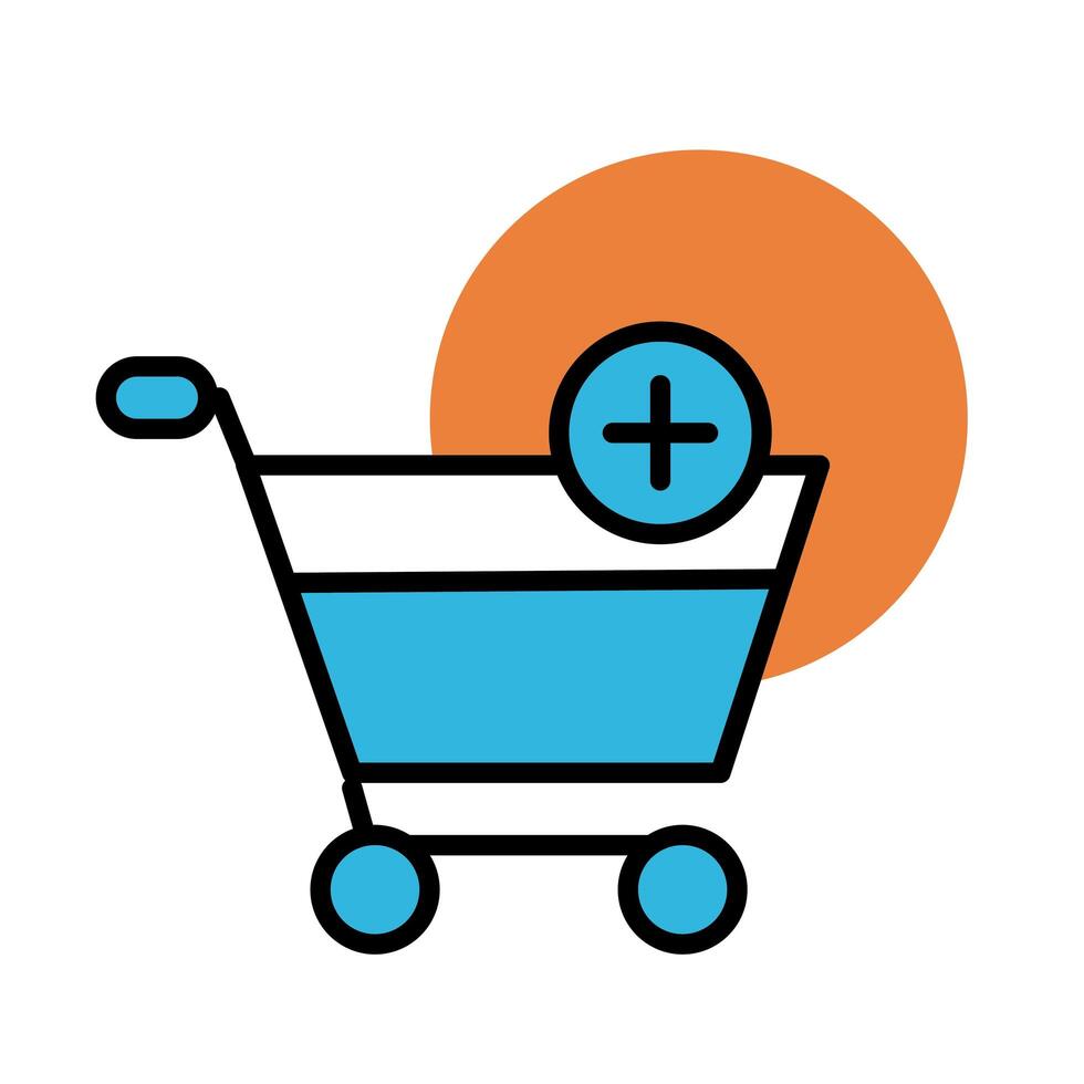 shopping cart with pluss symbol line and fill style icon vector