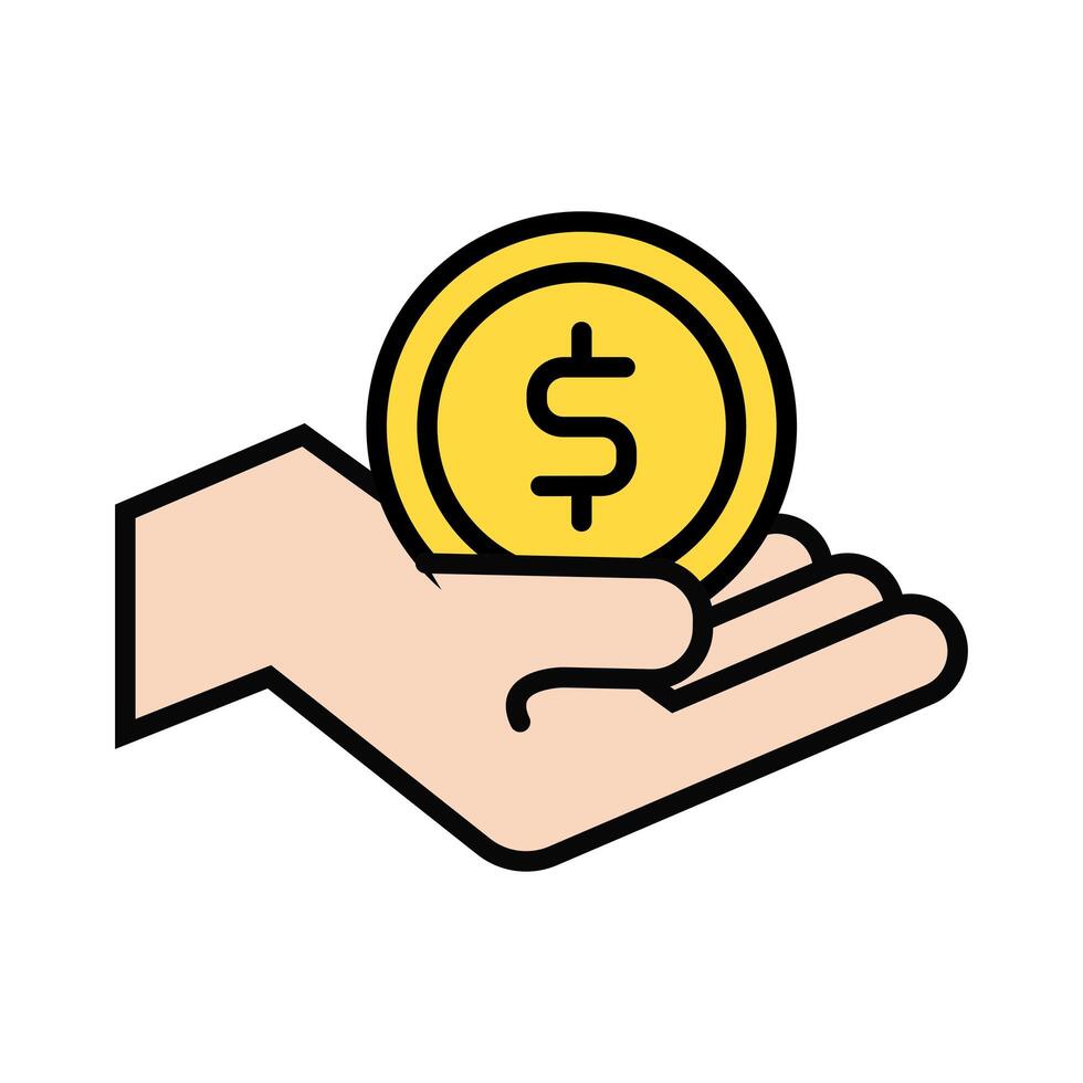 hand with coin money dollar line and fill style icon vector