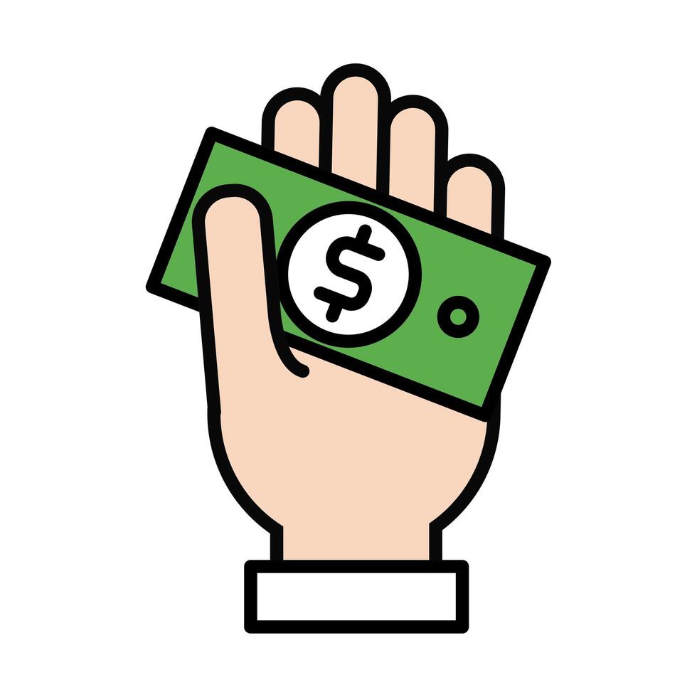 hand with bill money dollar line and fill style vector