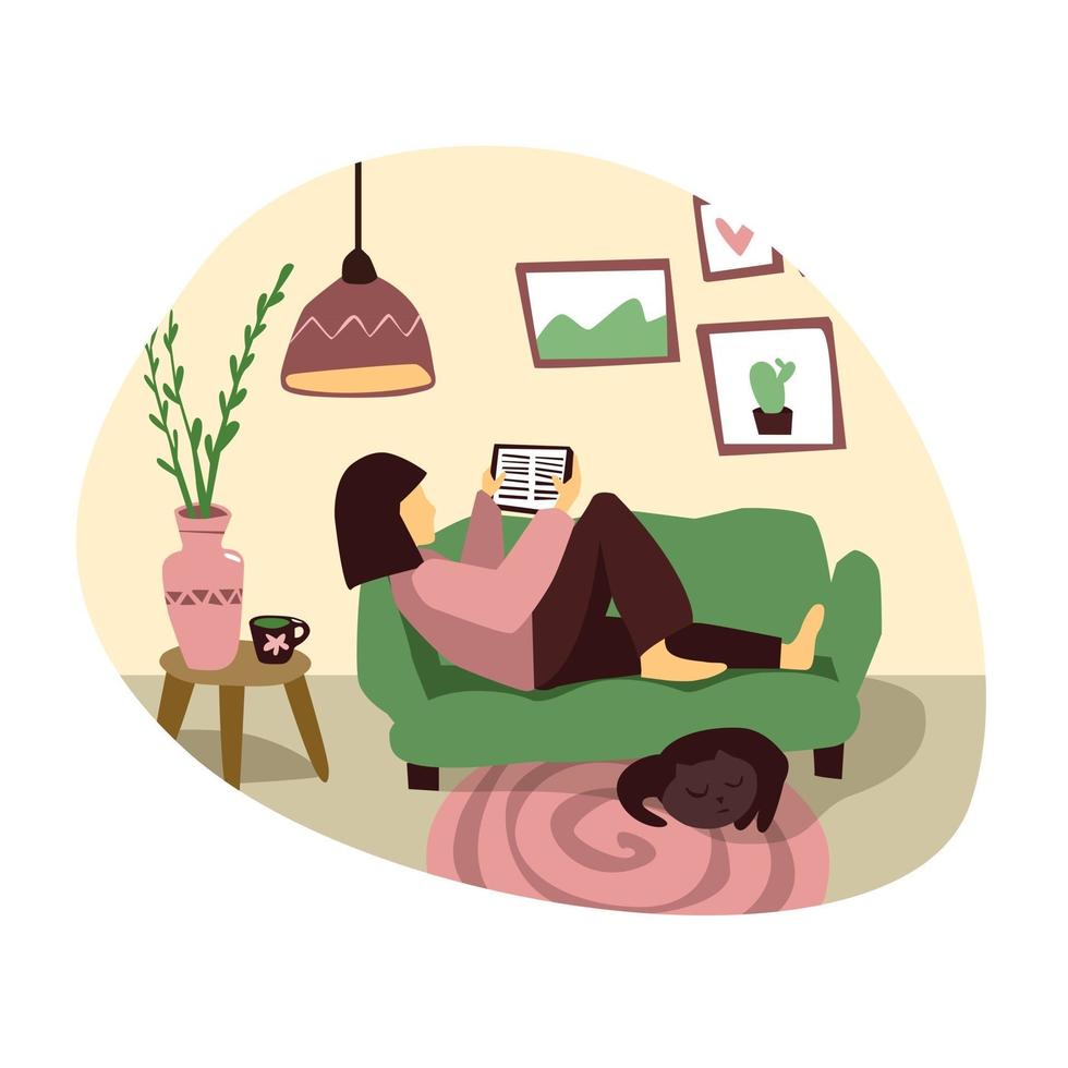 Young Woman is reading eBook in living room Flat illustration Girl at home with book Female sits with tablet on the sofa Cozy interior in flat style vector