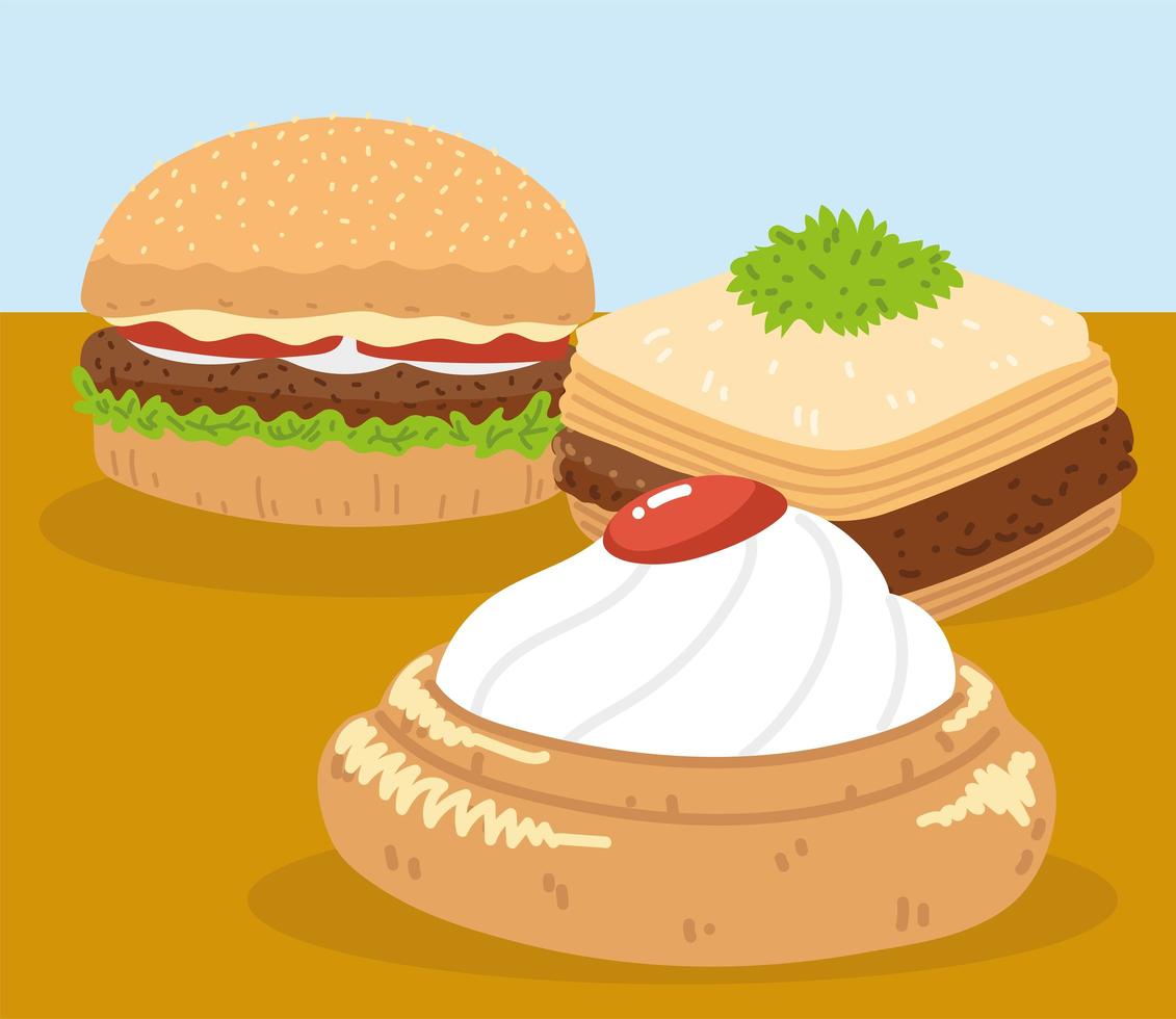 baklava, hamburguesa y postre vector