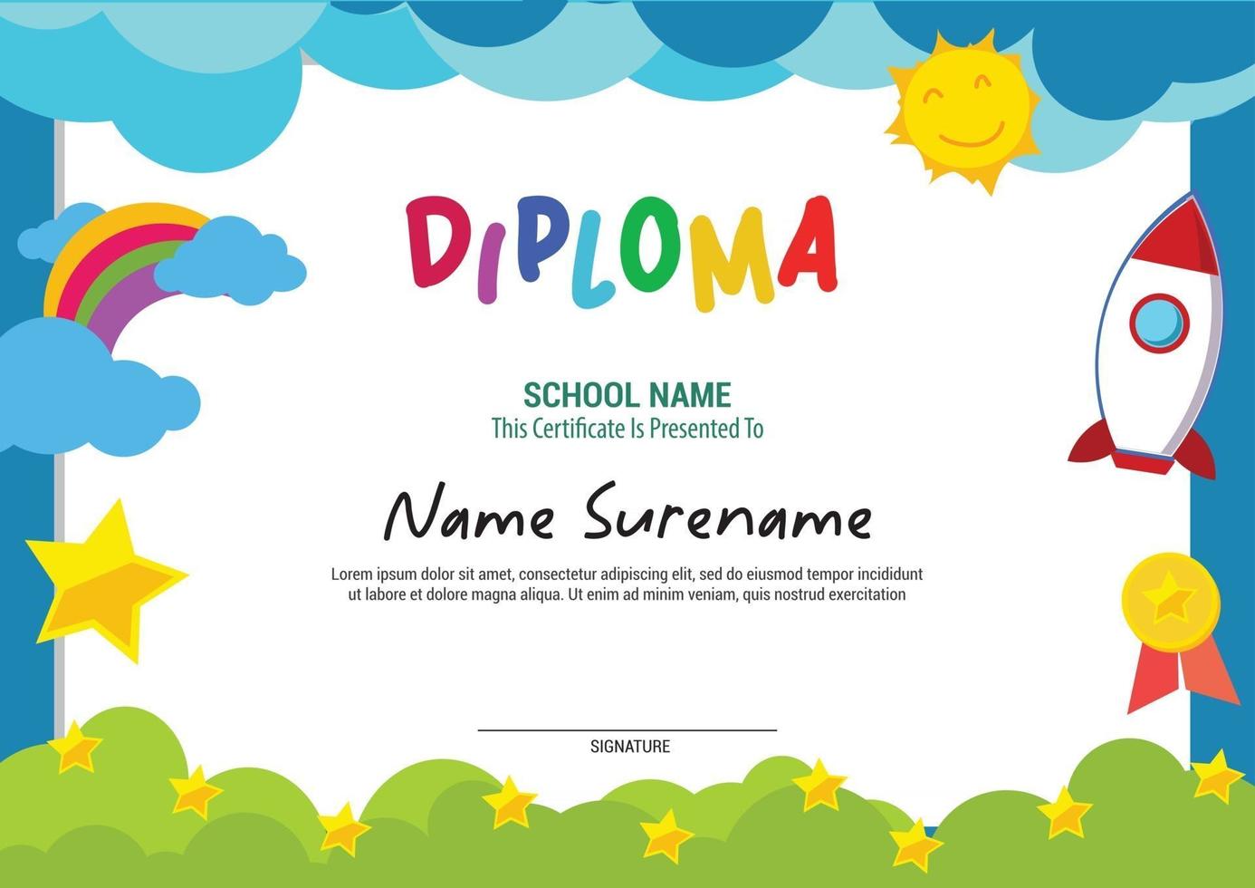 escuela diploma plantilla certificado niños multiuso arco iris vector