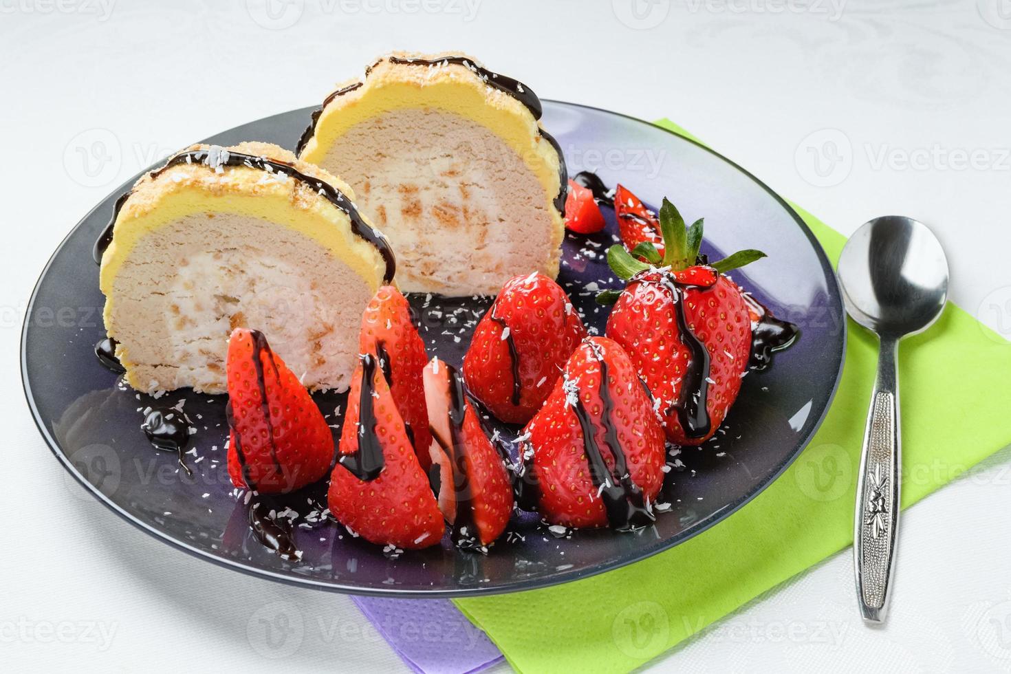 Sour cherry cake. Slices of sour cherry cake with sugar and cinnamon sticks. photo