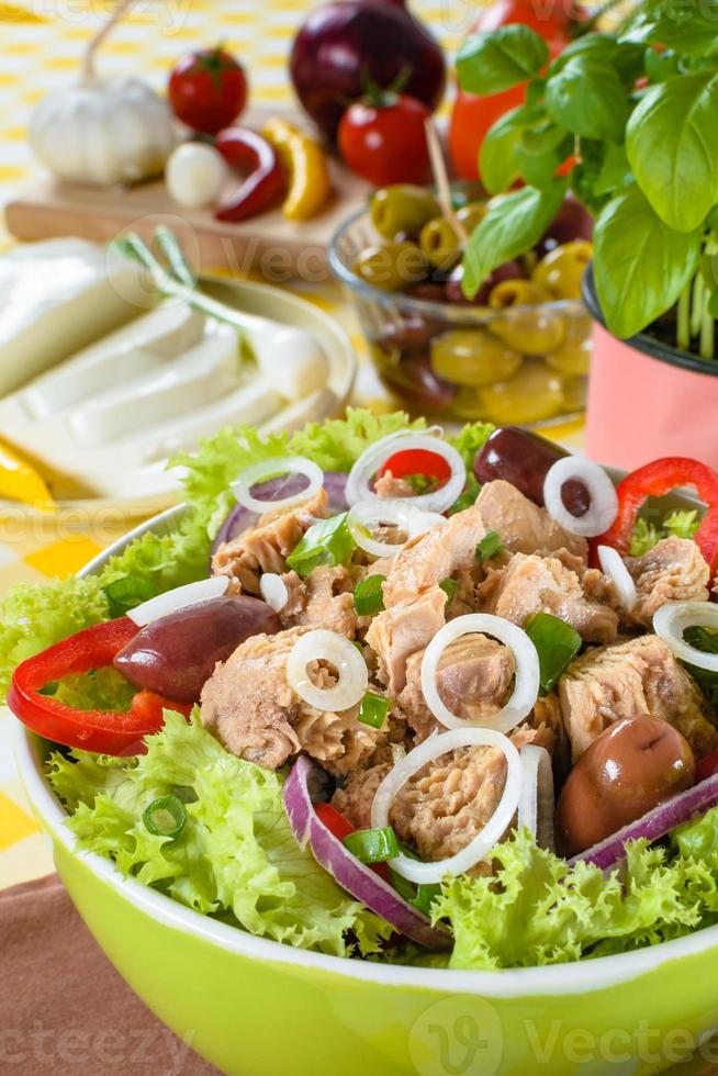 Tuna salad and tasty selection of vegetables. photo