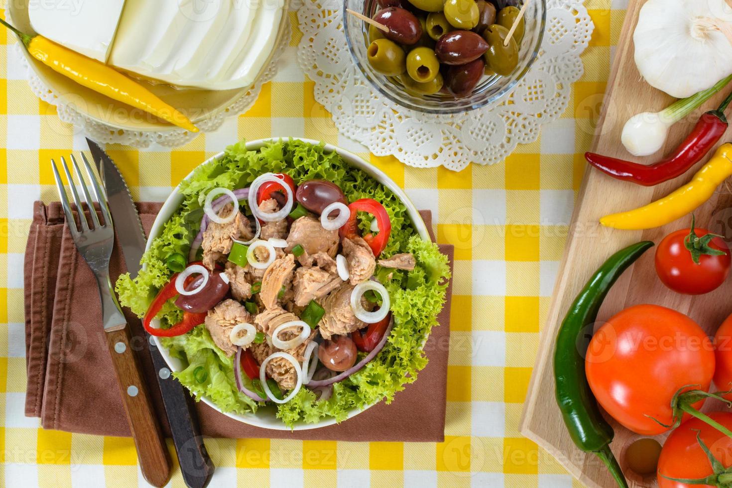 Tuna salad and tasty selection of vegetables. photo