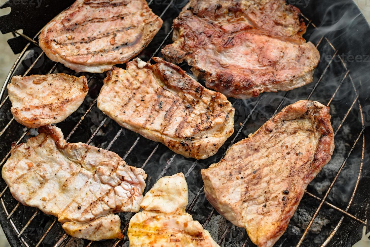 Grilled meat, pork, beef and chicken meat on barbecue, grill. Shallow depth of field. photo