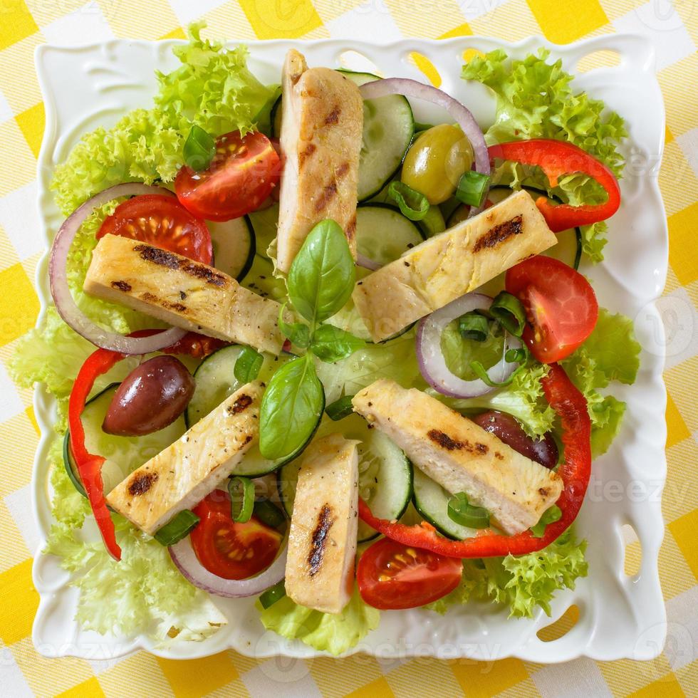 Chicken salad on the plate. Grilled chicken meat with tasty selection of vegetables. photo