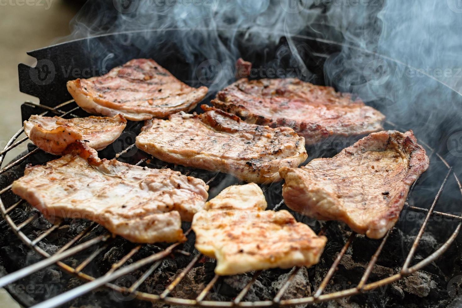 Grilled meat, pork, beef and chicken meat on barbecue, grill. Shallow depth of field. photo