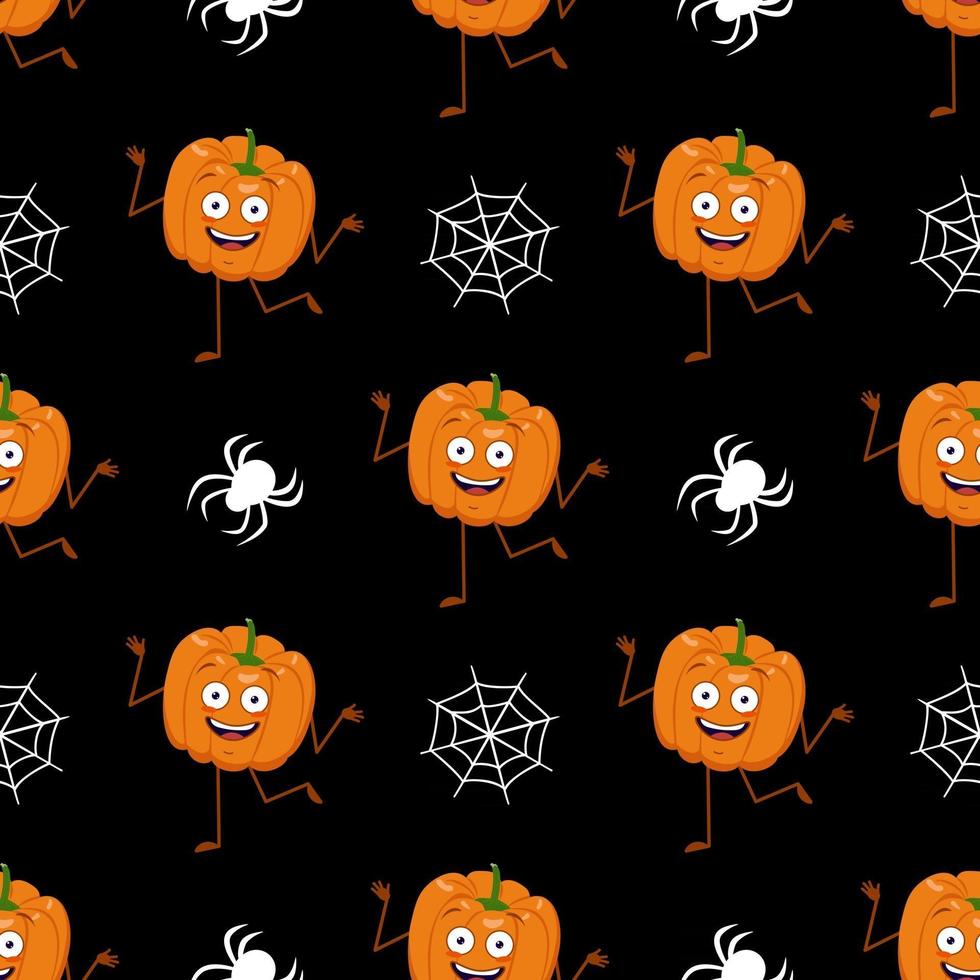 lindo patrón transparente oscuro con calabazas, telarañas y arañas. decoración de fiesta de halloween. estampado vegetal con una sonrisa. Fondo festivo para papel, textil, vacaciones y diseño. vector