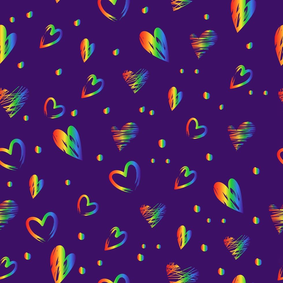 Lindo patrón transparente con corazones dibujados a mano de arco iris sobre un fondo violeta para el día de San Valentín vector