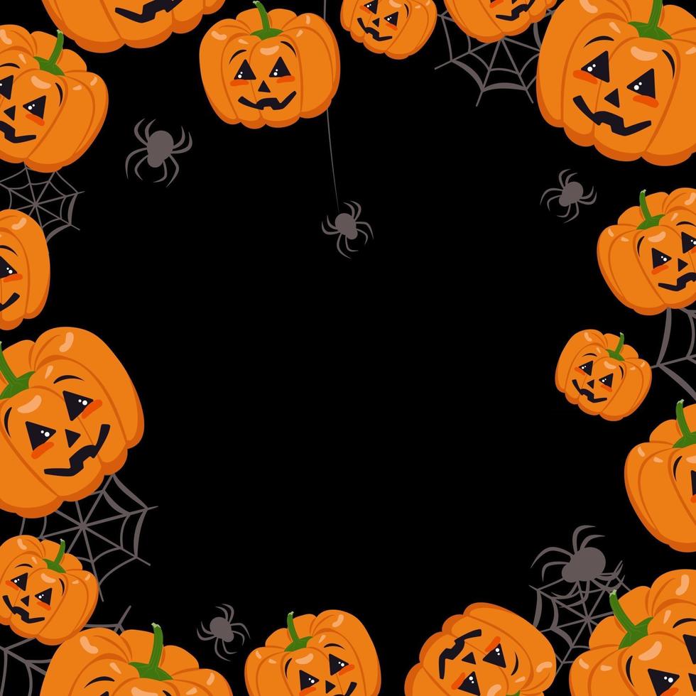 Cute dark frame with pumpkins, cobwebs and spiders. Halloween party decoration. Vegetable print with a smirk. Festive background for paper, textile, holiday and design vector