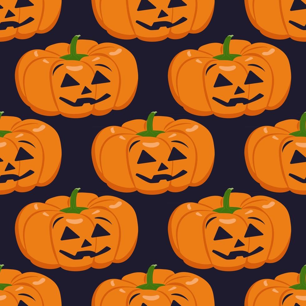 Cute dark seamless pattern with pumpkins, face and smile. Halloween party decoration. Vegetable print with a smirk. Festive background for paper, textile, holiday and design vector