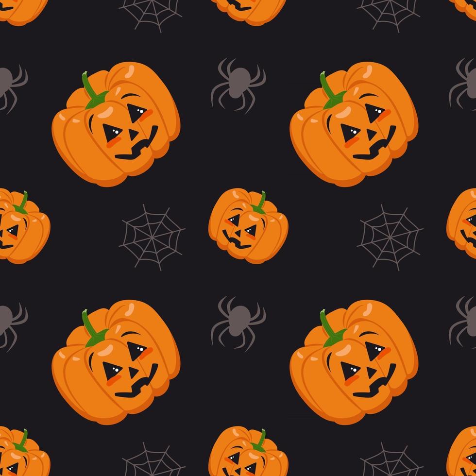 Cute dark seamless pattern with pumpkins, cobwebs and spiders. Halloween party decoration. Vegetable print with a smirk. Festive background for paper, textile, holiday and design vector