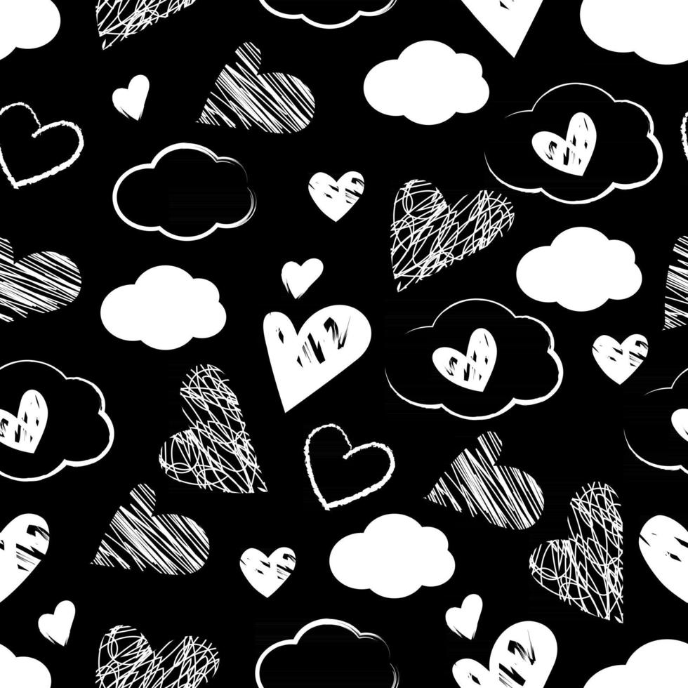 Seamless cute pattern with white hand drawn hearts and clouds on a black background for Valentine Day, wedding, party. Love symbol and elements for wrapping paper vector