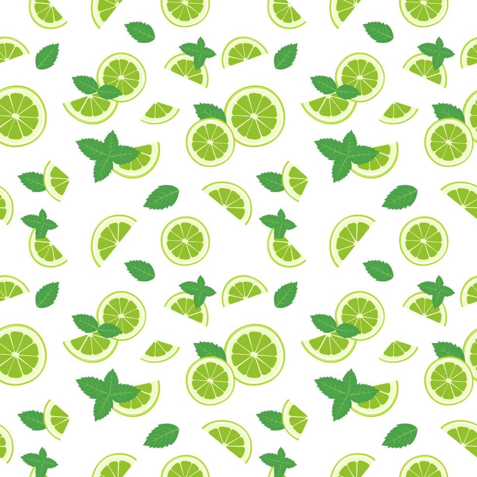 Seamless pattern of lime slices and mint leaves on a white background. A set of citrus fruits for a healthy lifestyle. Vector flat illustration of useful food