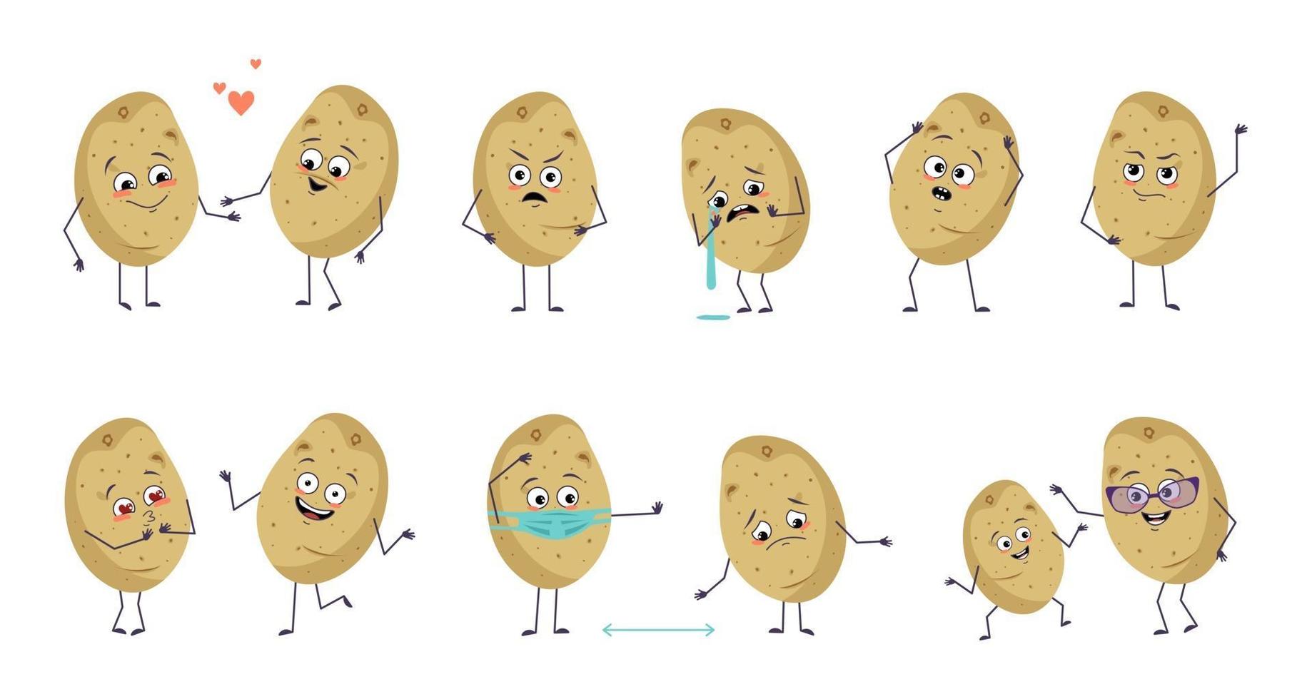 Set of cute characters potatoes with emotions, funny and sad faces, arms and legs. Happy heroes in love, vegetables play, dance, keep their distance. A source of vitamins vector