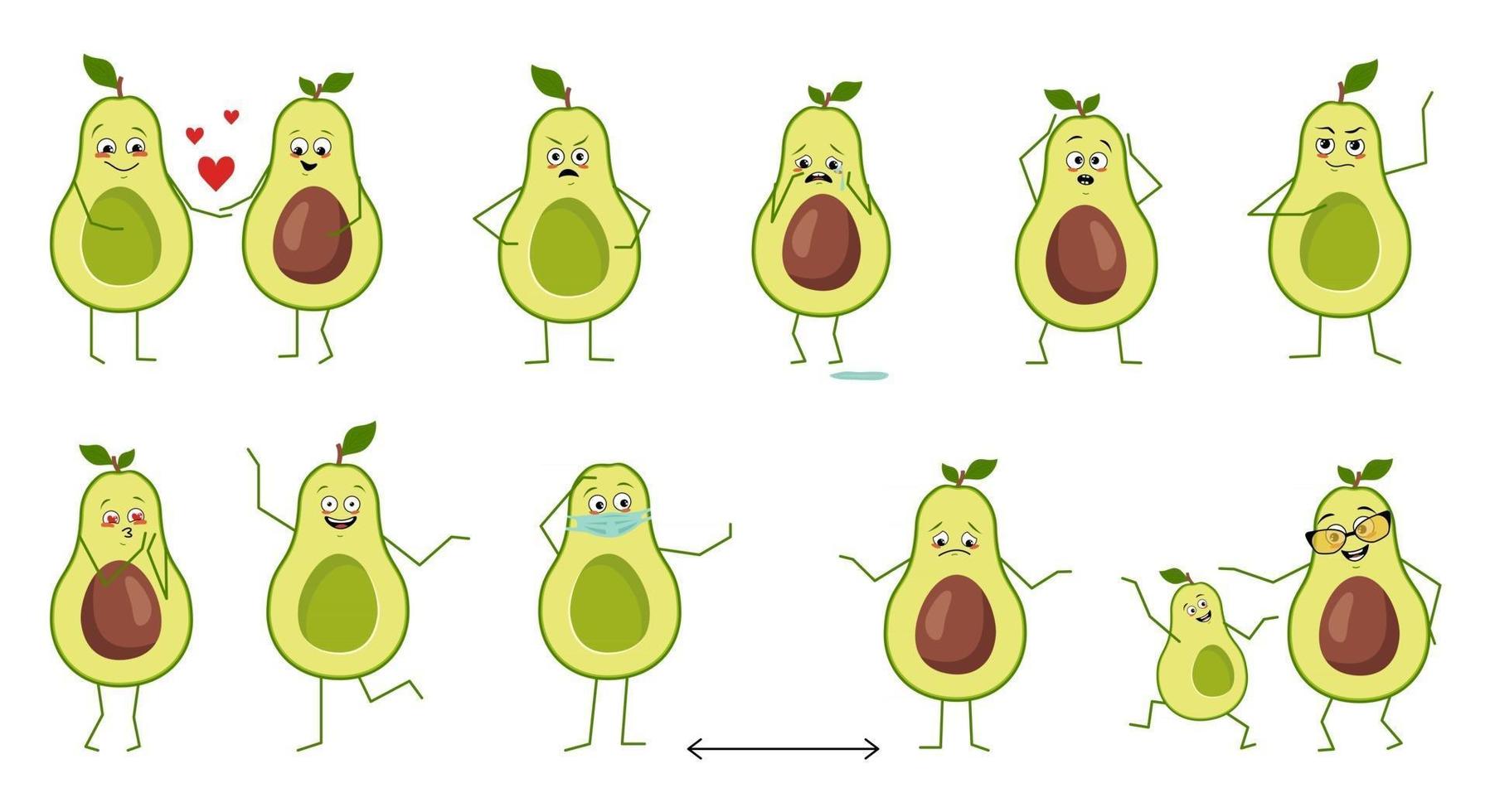 conjunto de lindos personajes de aguacate con emociones aisladas sobre fondo blanco. los héroes divertidos o tristes, las frutas y verduras verdes juegan, se enamoran, mantienen la distancia vector