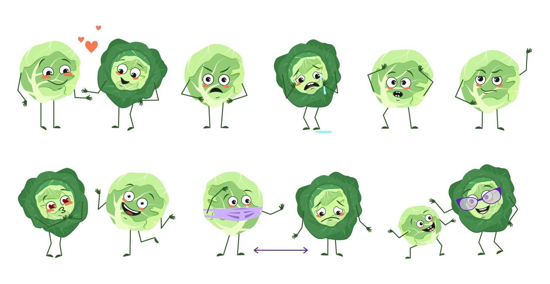 Set of cute cabbage characters with emotions, faces, arms and legs. Happy or sad heroes, vegetables play, fall in love, keep their distance with a mask, a smile or tears vector