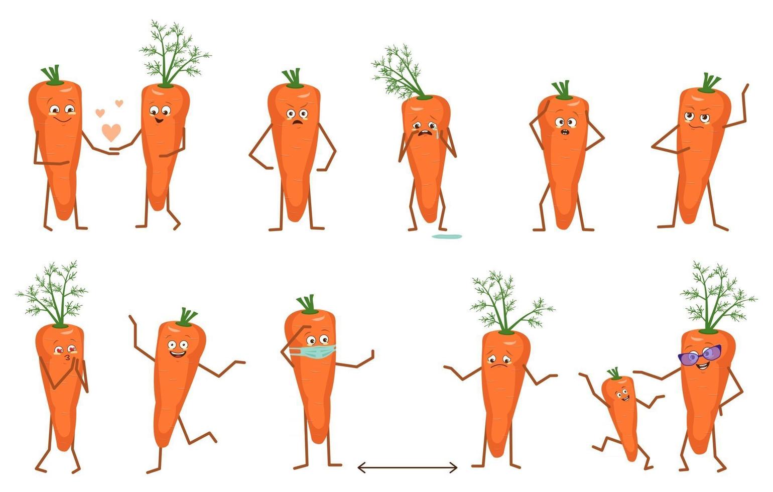 conjunto de lindos personajes de zanahorias con diferentes emociones aisladas sobre fondo blanco. los héroes divertidos o tristes, las verduras juegan, se enamoran, mantienen la distancia vector