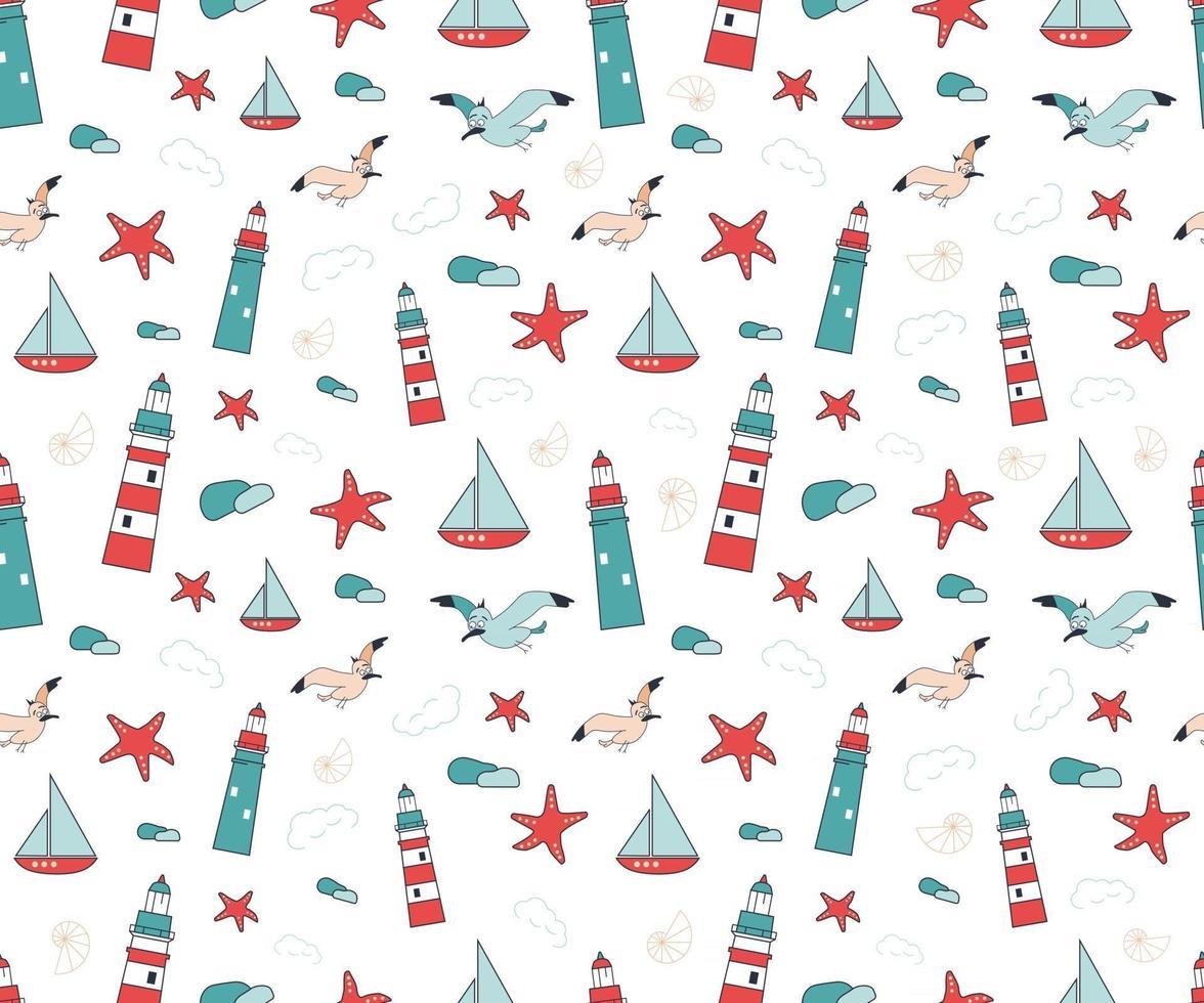 Summer marine seamless pattern with lighthouses, seagulls, starfish, ships and shells in red and blue. Inhabitants of the sea. Suitable for wrapping paper, stationery, children clothing and textiles vector