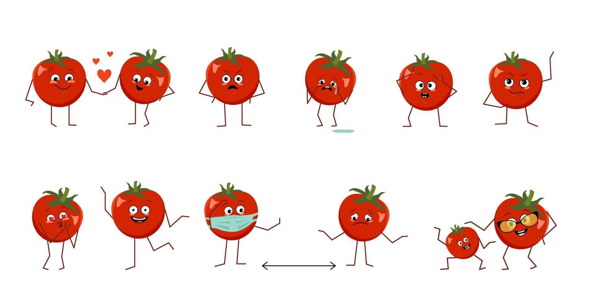 Set of cute tomatoes characters with different emotions isolated on white background. The funny or sad heroes, red vegetables have play, fall in love, keep their distance vector