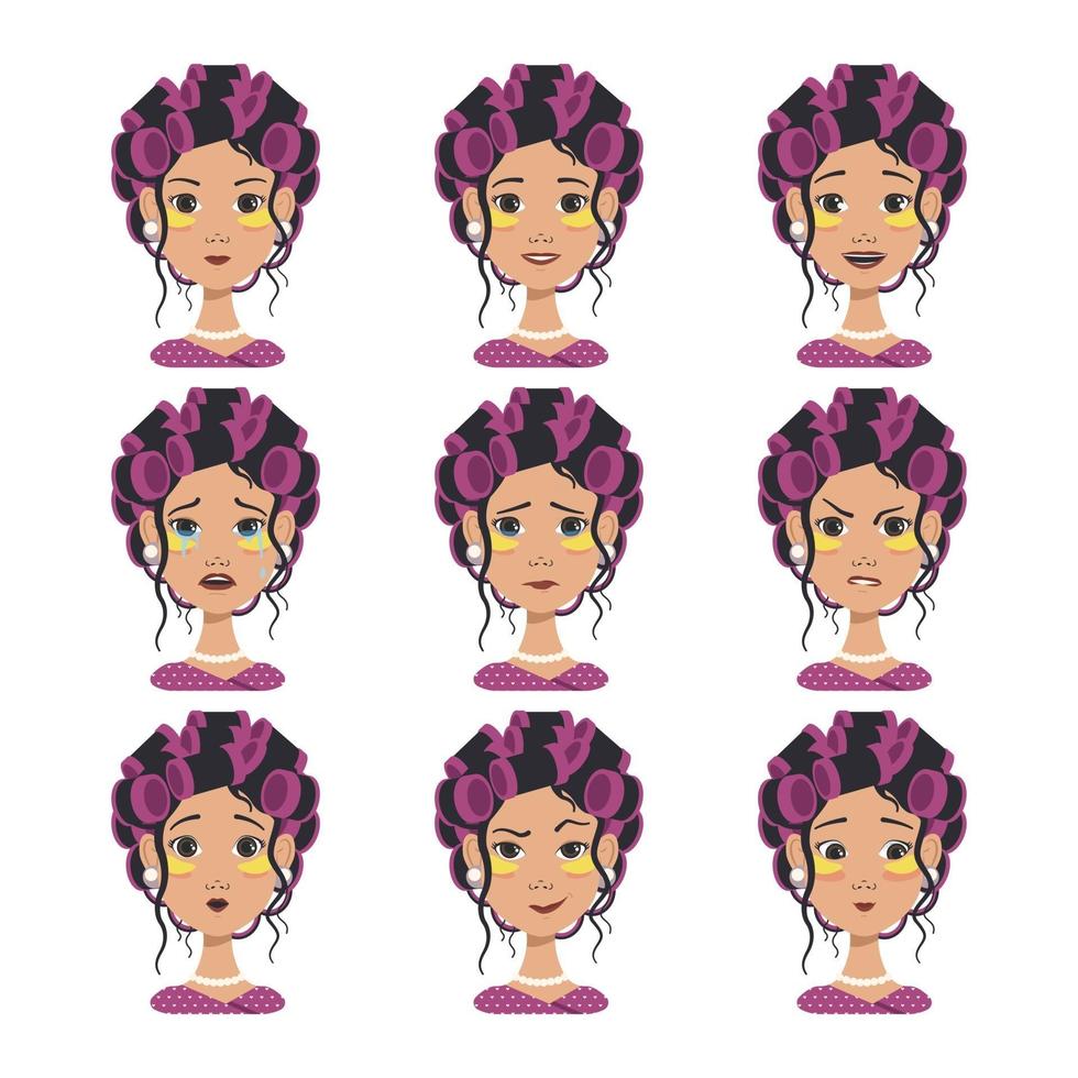 conjunto de avatares con diferentes emociones. chica con rulos rosas y manchas amarillas. avatar de moda en arte vectorial plano vector